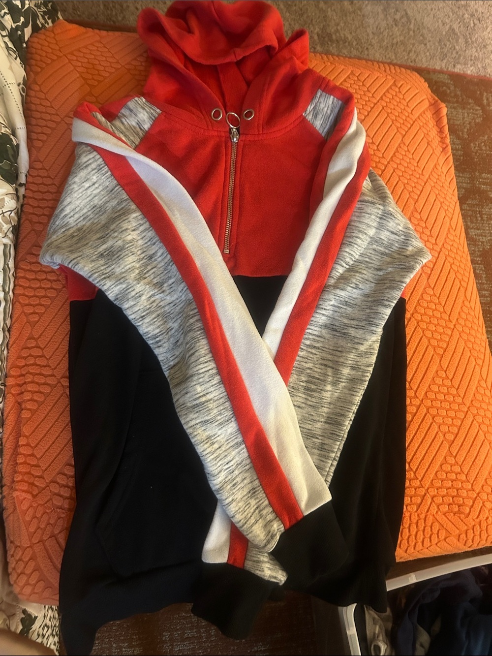 Colorblock Hoodie with Red Hood and Stripe Sleeves